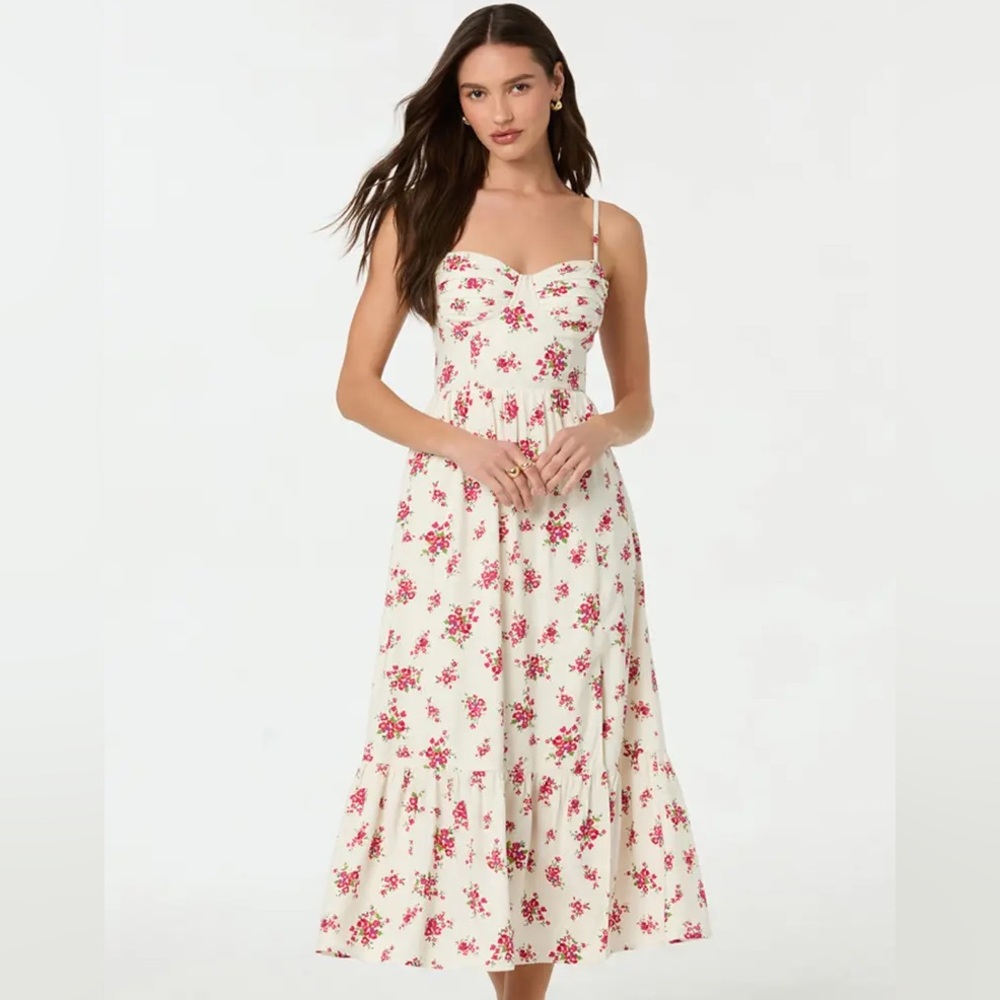 ASTR The Label Midi Dress XS White Red Floral‎ Excellent Bustier Ruffle NWOT